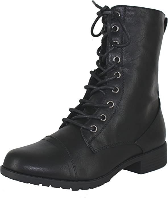 Forever Link Womens Round Toe Military Lace up Knit Ankle Cuff Low Heel Combat Boots | Amazon (US)