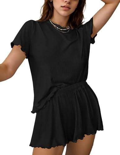 Ekouaer Womens 2 Piece Ribbed Knit Sets Colorful Pattern Set Short Sleeve Set Casual Lounge Sets Black S | Amazon (US)