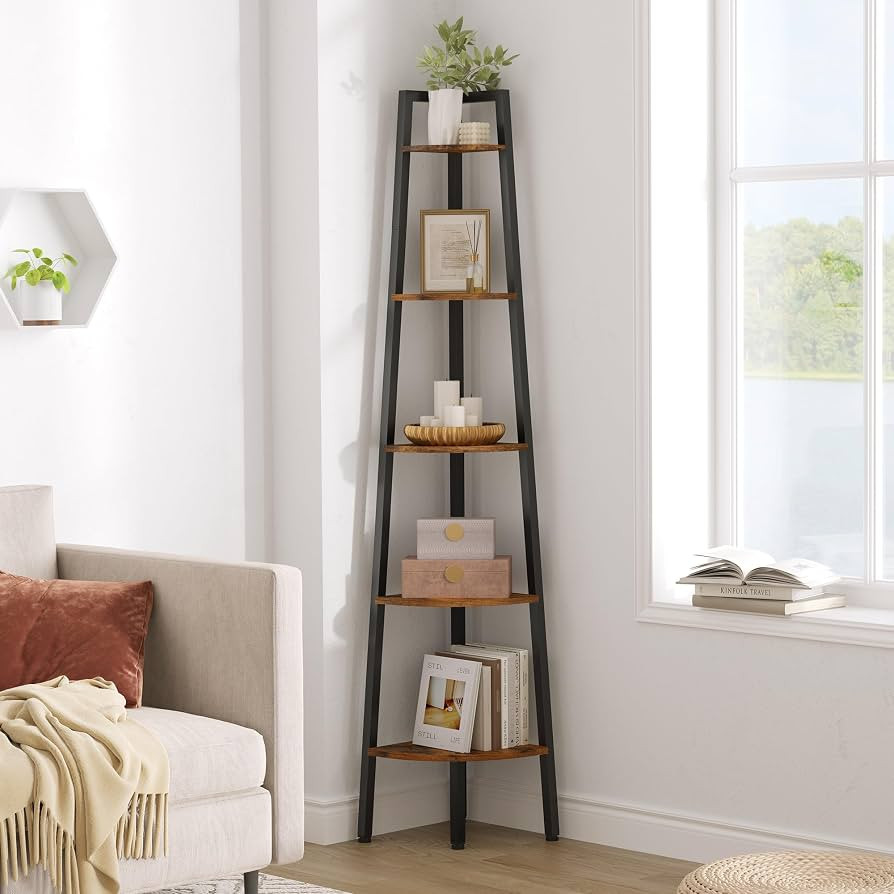 Hoctieon Corner Shelf, 5-Tier Corner Bookshelf, Rustic Ladder Shelf, Industrial Display Stand for... | Amazon (US)