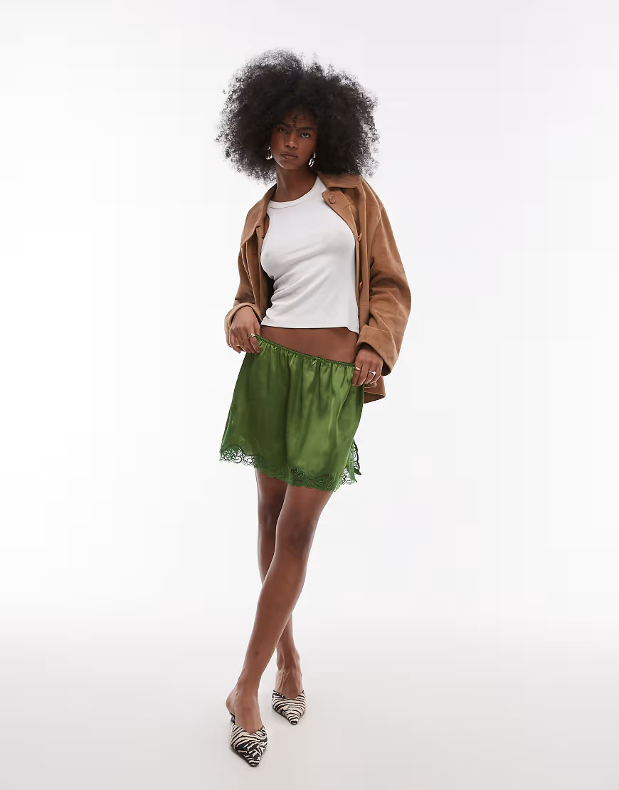 Topshop satin lace petticoat mid rise mini skirt in green | ASOS (Global)