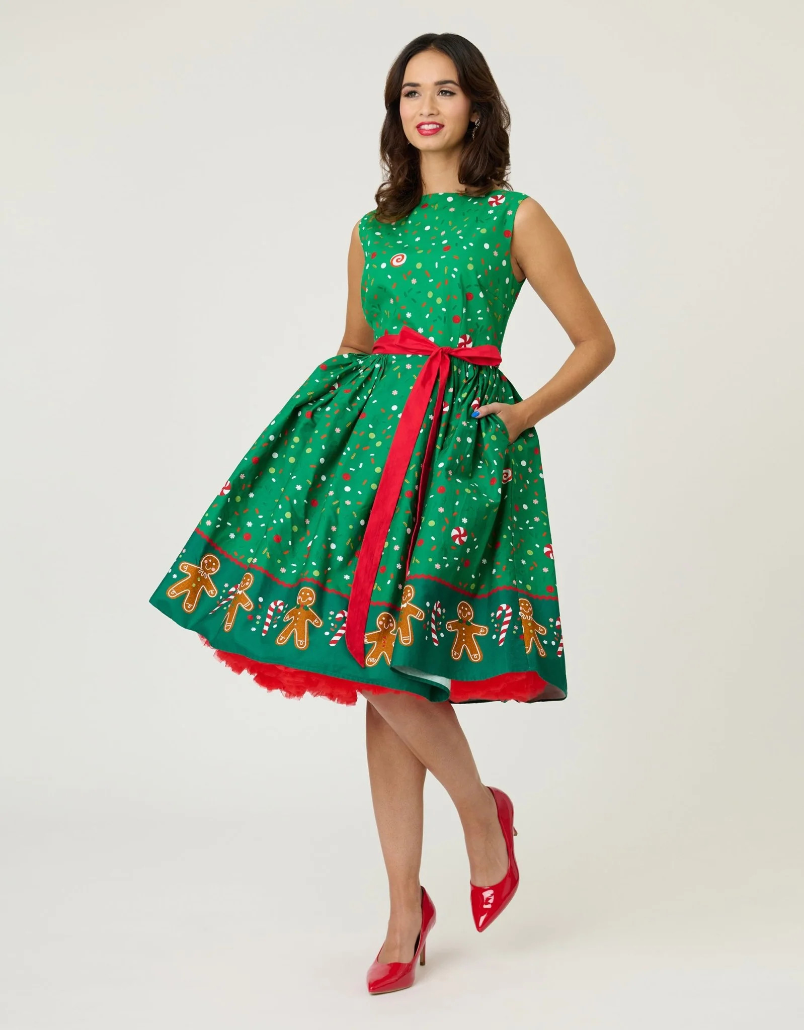 Unique Vintage Gingerbread Man Border Print Sleeveless Cotton Swing Dr | UniqueVintage