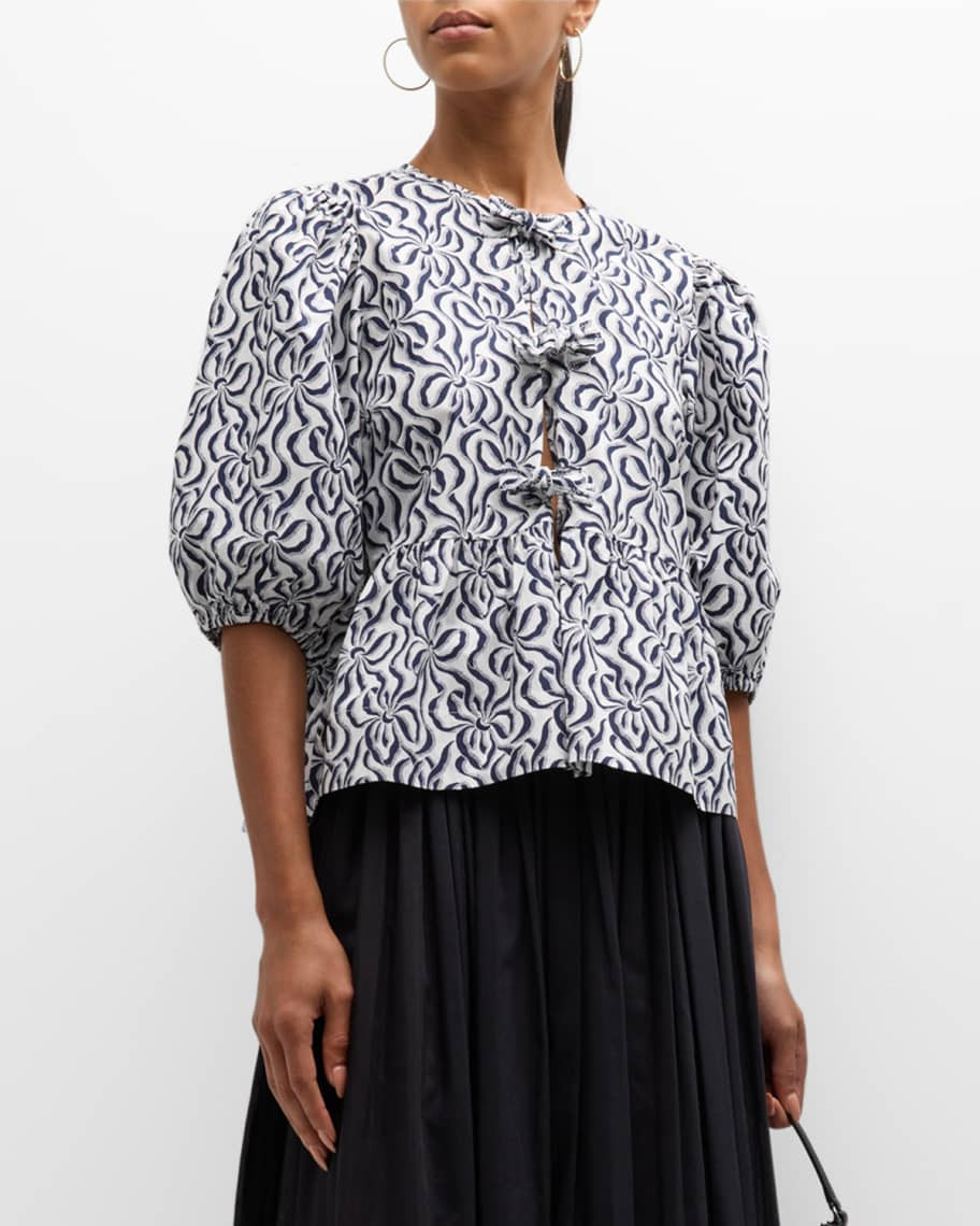 Ganni Printed Self-Tie Peplum Blouse | Neiman Marcus