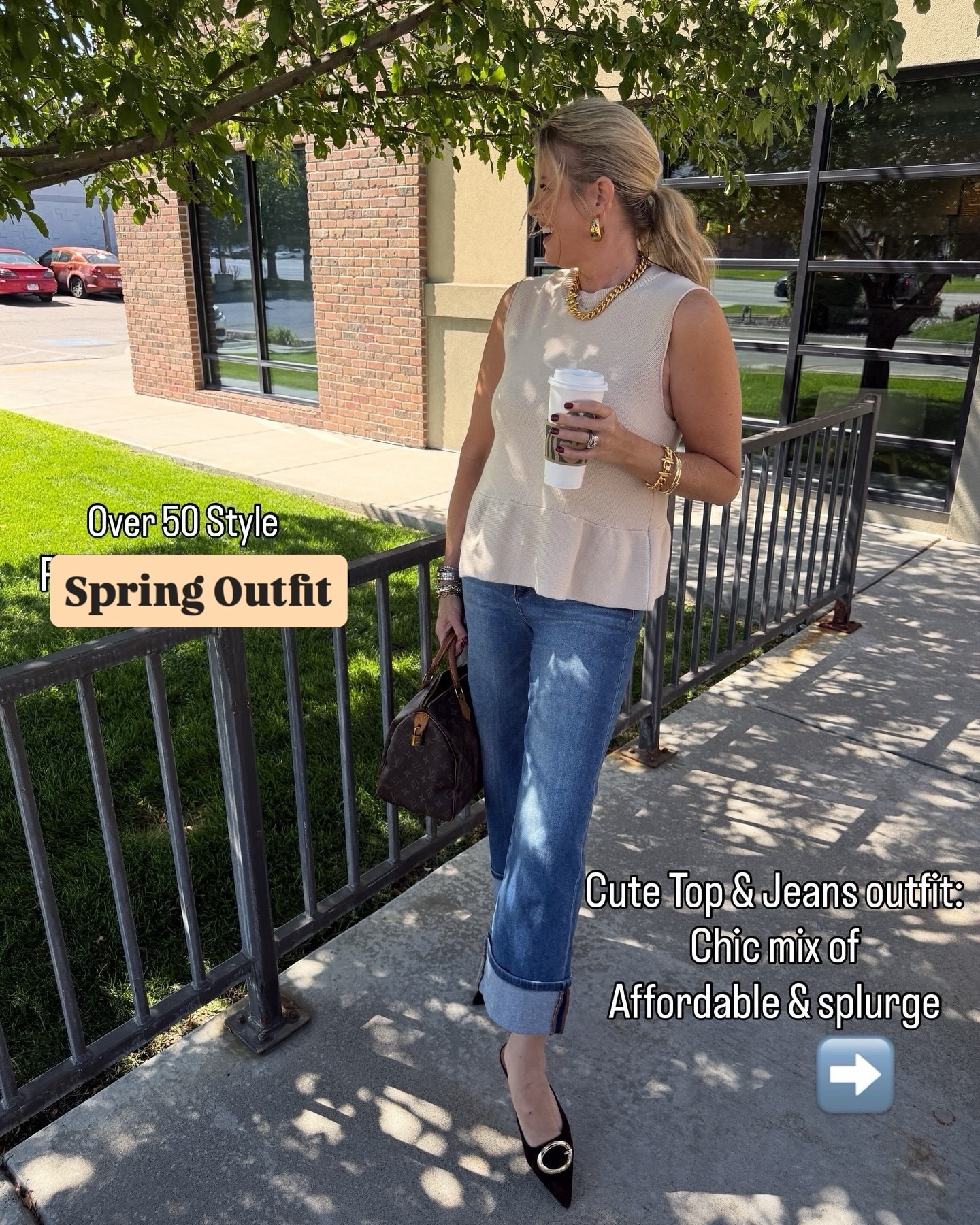 Spring  outfit of the day🌿🌷
Cute top with Jeans✔️

Chic, cute and great mix of affordable and splurge 

Had a coffee date with my hubby☕️🌷what I wore:

Cute knit peplum top $27  comes in several colors.
Great to wear now and layer for fall. 

Cuff jeans -made for  exclusive from one of my favorite brands under $80 the perfect year round jean! 

Steve Madden suede gold buckle flat/slide 

Splurge worthy- Necklace and  matching chain bracelet Julie Vos you’ll wear on repeat forever ❤️

-Gold hoops lisi lurch 

Two bangles and one small link bracelet Allie. & Bess save 20% with code DARCY20 

One of my most used splurge worthy bags- The speedy

Comment “SHOP” below to receive a DM with the link to this post on my LTK ⬇ 
https://liketk.it/5nyMs 

#cutetop  #saveandsplurge #utahinfluencer #starbucksdate☕️