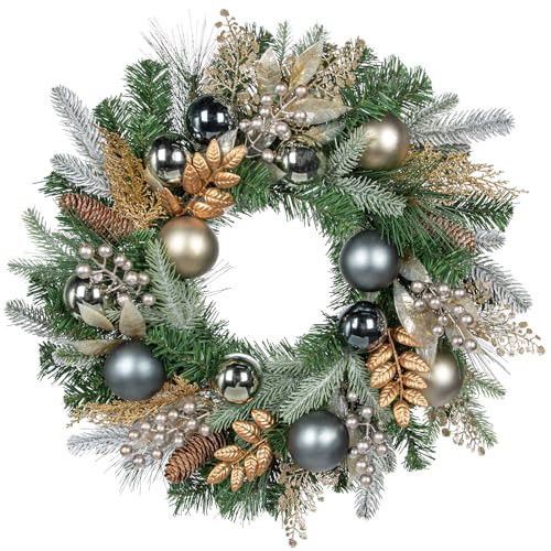 24 inch Christmas Door Wreath, Holiday Wreaths for Front Door with Silver Ball Glittered Leaf Spray Stems Pinecones Berries for Fireplace Xmas Decorations, Wall Window Indoor Outdoor Decor | Amazon (US)