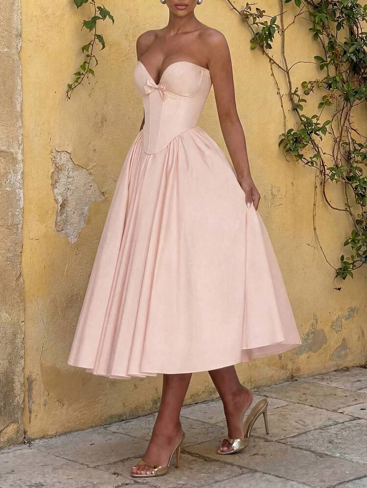 Glamful Elegant V-Neck Bow Tie Decor Strapless Backless Fitted Princess Style Elegant Dresses For Women | SHEIN