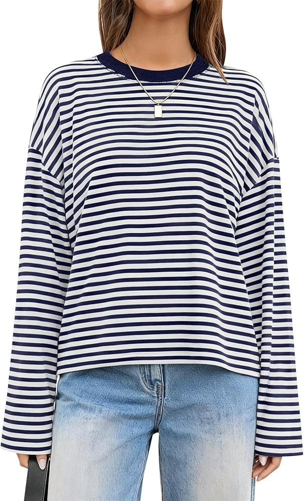 LOMON Striped Long Sleeve Shirt Women Y2k Oversized Crewneck Fall Spring Drop Shoulder Vintage To... | Amazon (US)