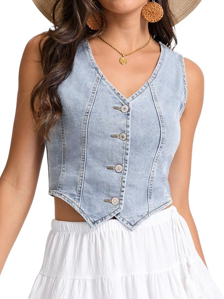Women's Denim Vest Crop Jean Vest Tops Sleeveless V Neck Button Down Fitted Summer Western Countr... | Amazon (US)