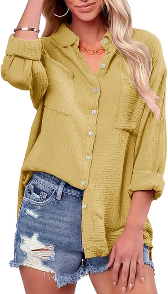Saudacdn Women Button Down Shirts V Neck Blouse Long Roll Up Cuffed Sleeve Pocket Casual Boyfrien... | Amazon (US)