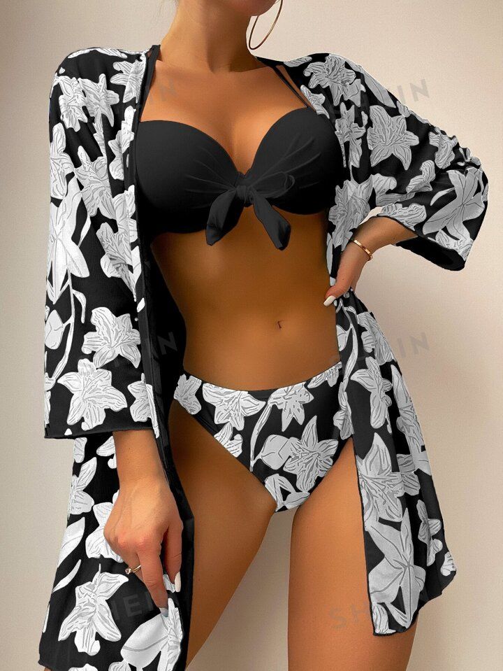 SHEIN Swim Vcay Floral Print Push Up Bikini Swimsuit With Kimono | SHEIN