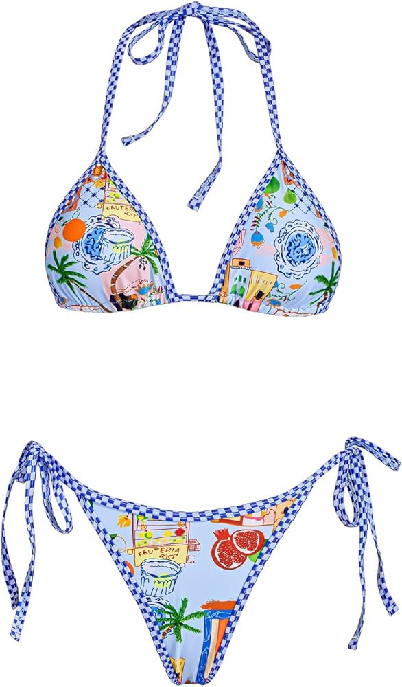 VOLAFA Women's Triangle Bikini Set String Swimsuit Print Tie Smocked Ruched Two Piece Bathing Sui... | Amazon (US)