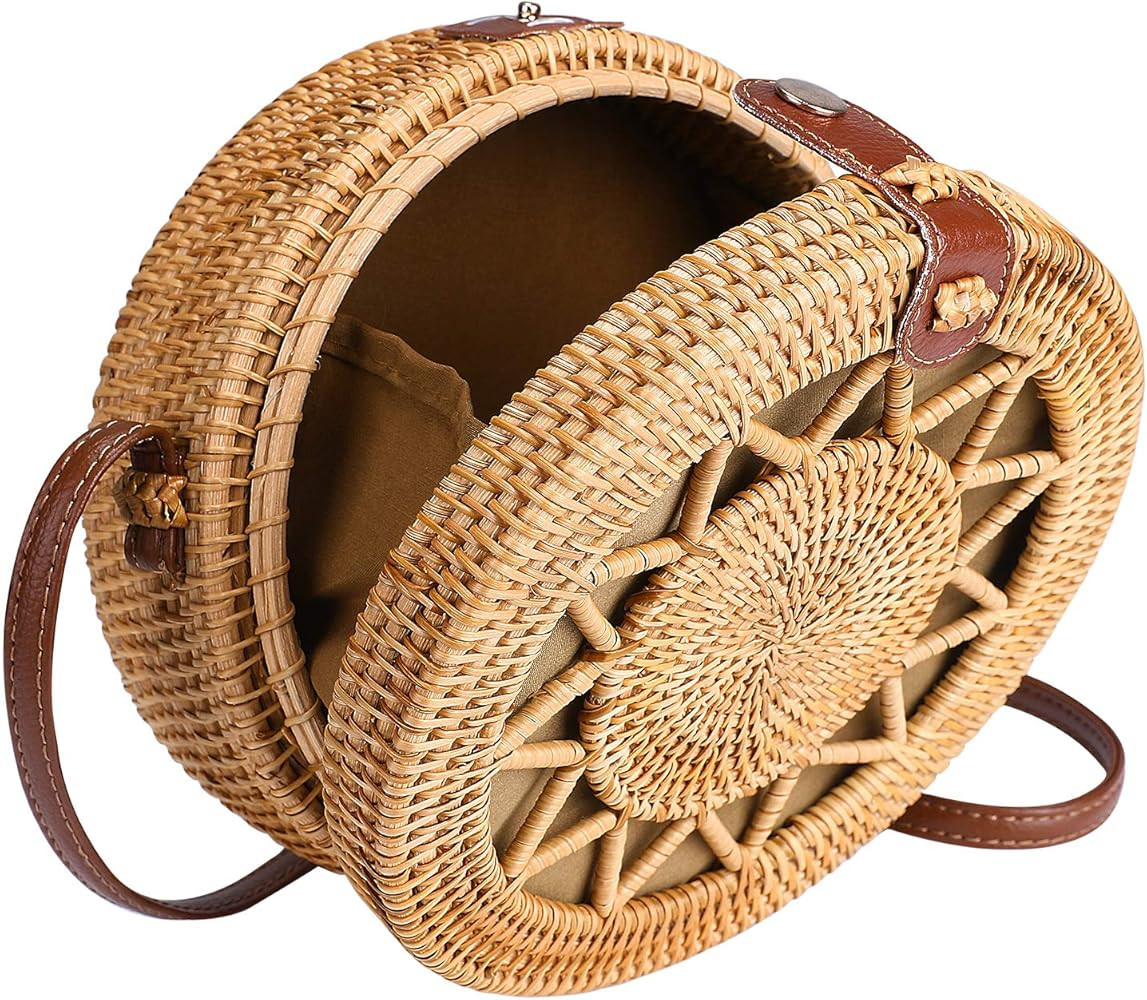 Round Rattan Bag for Women Straw Bag Handwoven Beach Bohemian Shoulder Purse by Enmain | Amazon (US)