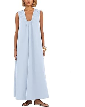 OLAPTA Women Summer Sleeveless Maxi Dress Scoop Neck Ruched Loose Fit Casual Elegant Solid Vacati... | Amazon (US)