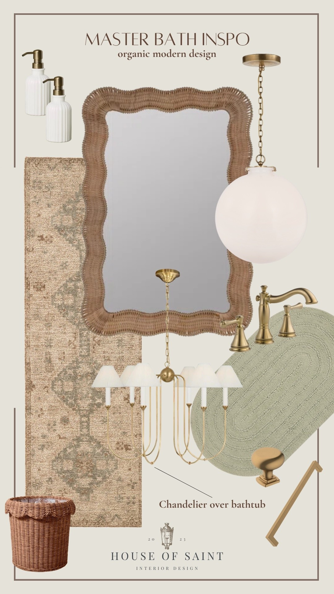 Organic Modern Master Bathroom Inspo 🛁✨

Transforming our space with warm brass fixtures, natural textures, and timeless design elements. Loving the mix of a scalloped mirror, soft lighting, vintage-inspired rug, and cozy accents. 

Shop my master bath decor below — from the brass chandelier over the bathtub to the woven hamper and textured bath mat.

🧼 Bathroom lighting
🪞Scalloped mirror
🧺 Woven hamper
🛁 Chandelier for bathroom
🫧 Neutral bath styling

#MasterBathroomDecor #OrganicModernStyle #BathroomInspo #BathroomLightingIdeas #ScallopedMirror #NeutralHomeDecor #SpaBathroom #LTKHome #LTKBathroom #HomeDecorLover 

 #LTKHome