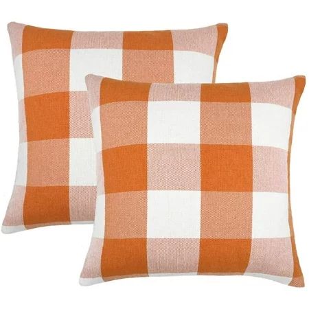 Eastjing Set of 2 Orange and White Buffalo Check Plaid Throw Pillow Covers Cushion Case Cotton Linen | Walmart (US)