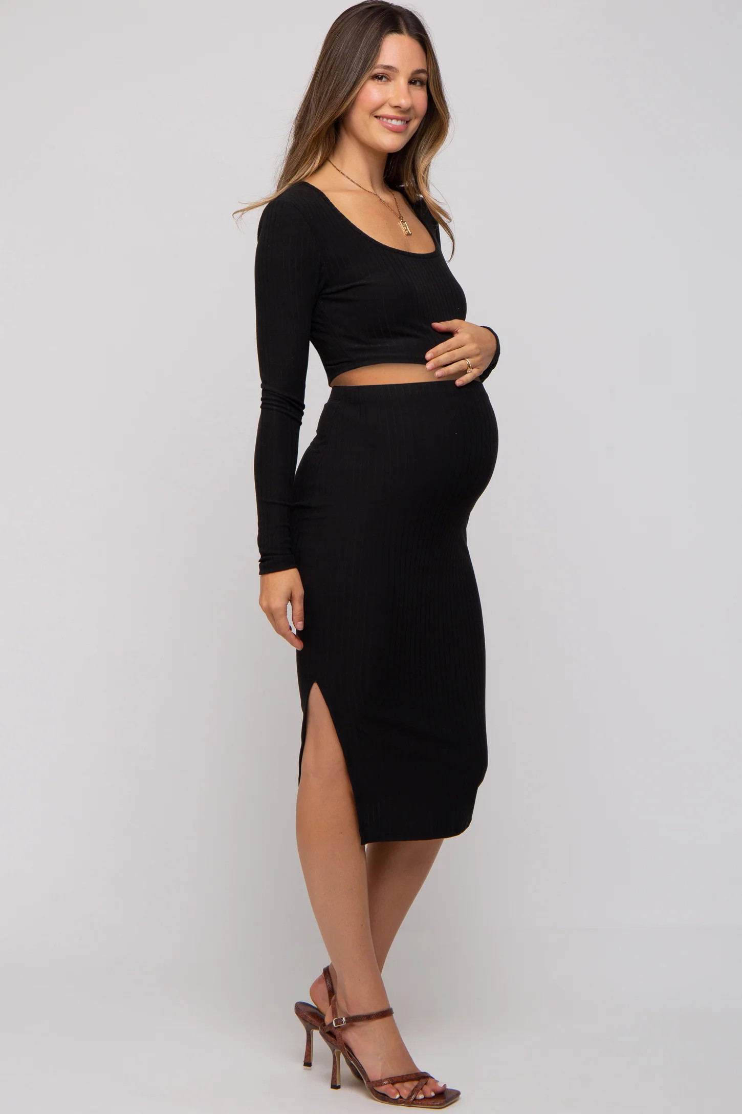 Black Ribbed Maternity Crop Top Midi Skirt Set | PinkBlush Maternity