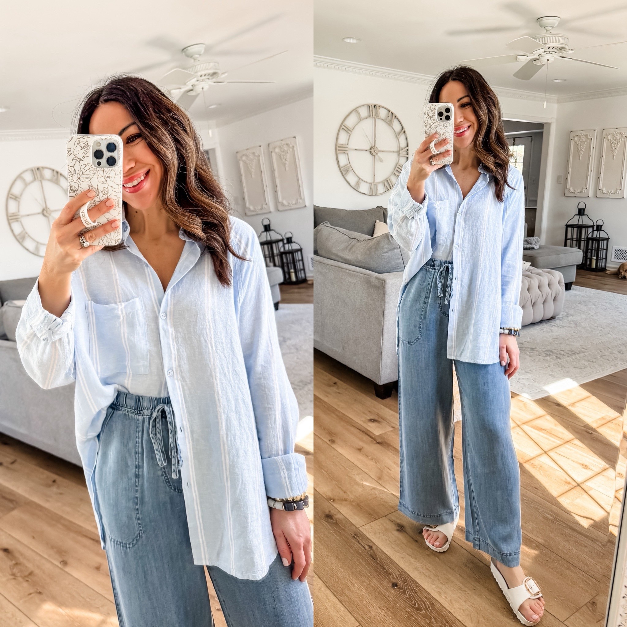 Small button-down shirt. Small chambray pants.

#LTKPetite #LTKOver40