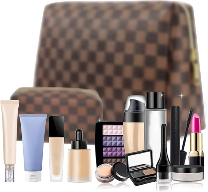 Checkered Makeup Bag, Portable Leather Cosmetic Bag, 2 Pcs Waterproof Travel Toiletry Bag for Wom... | Amazon (US)