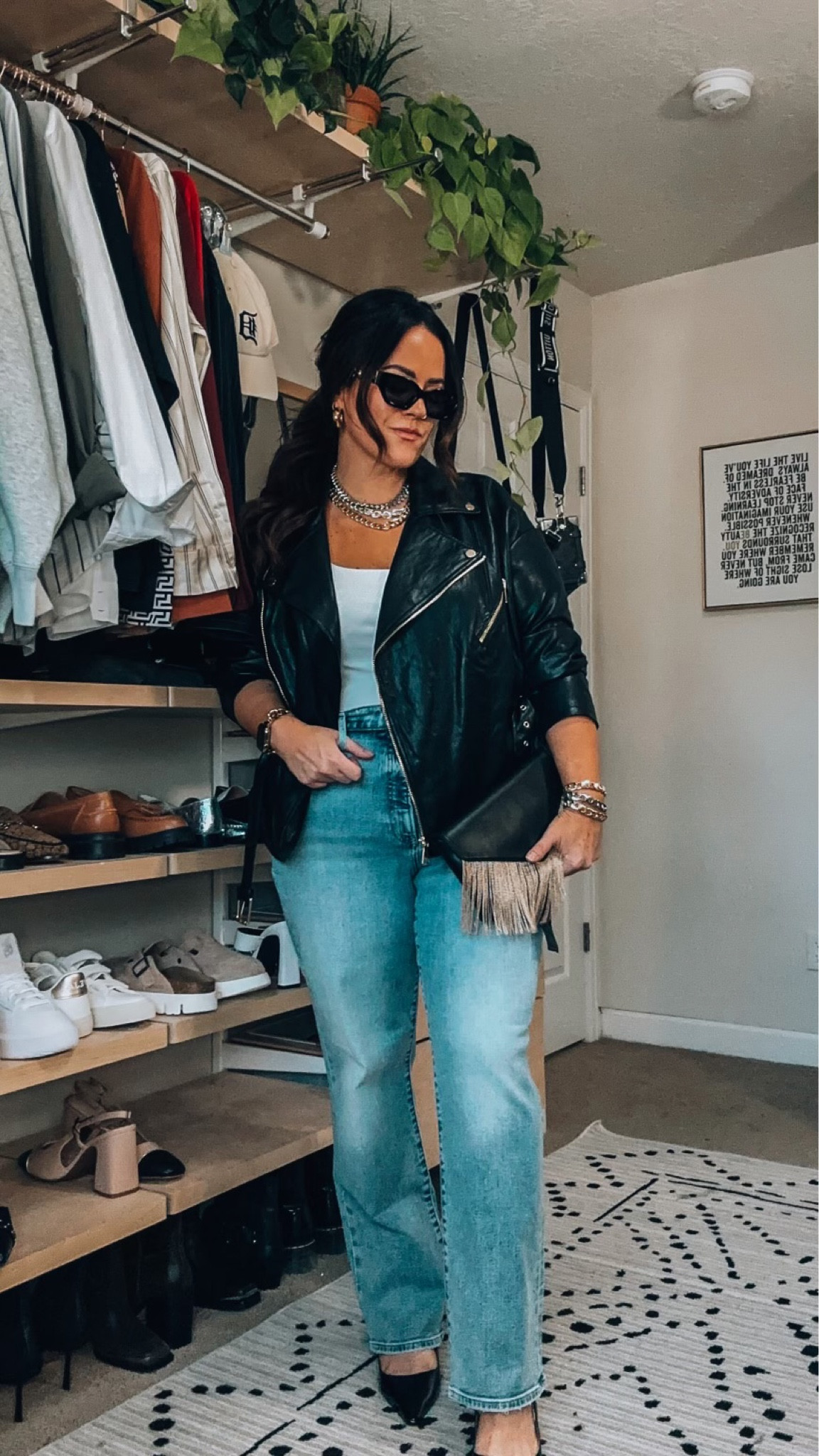 Midsize edgy outfit- date night outfit - concert outfit  - Leather Jacket xl - Denim Jeans size 14  - slingback kitten heels  tts  - Clutch Purse - Sunglasses - Necklace 

#LTKstyletip #LTKmidsize #LTKSeasonal