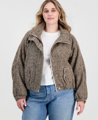 On 34th Plus Size Plaid Cropped Puffer Jacket, Macy's Exclusive - Brown | Macy's