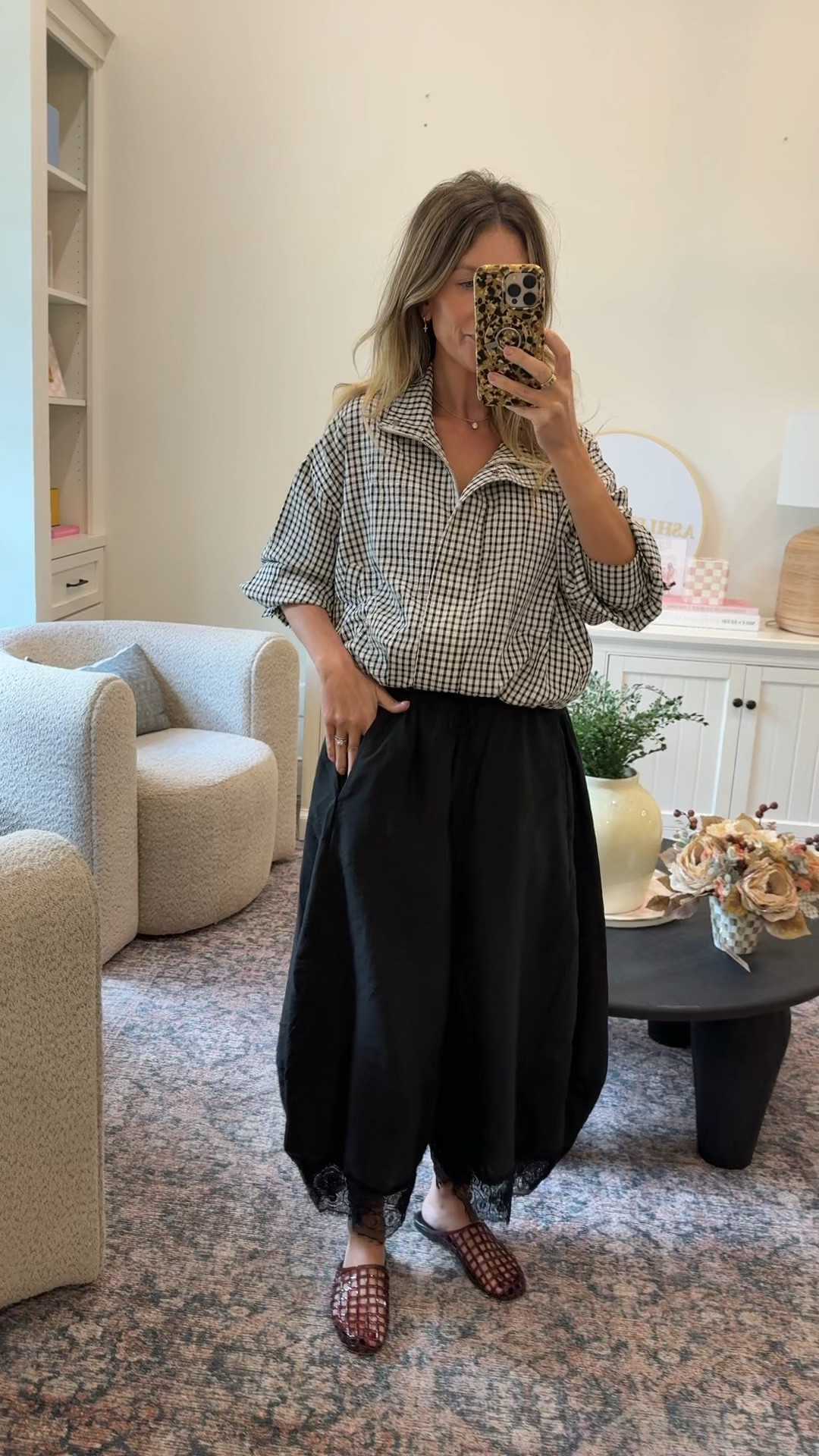 Today’s outfit! 
Found a look for less plaid jacket on Amazon similar to the Zara one I shared and it’s so good!! 
Ray ban meta sunglasses 🕶️ 
Electric picks jewelry
Amazon satin lace pants 
Jelly sandals

#LTKOver40 #LTKPetite #LTKootd