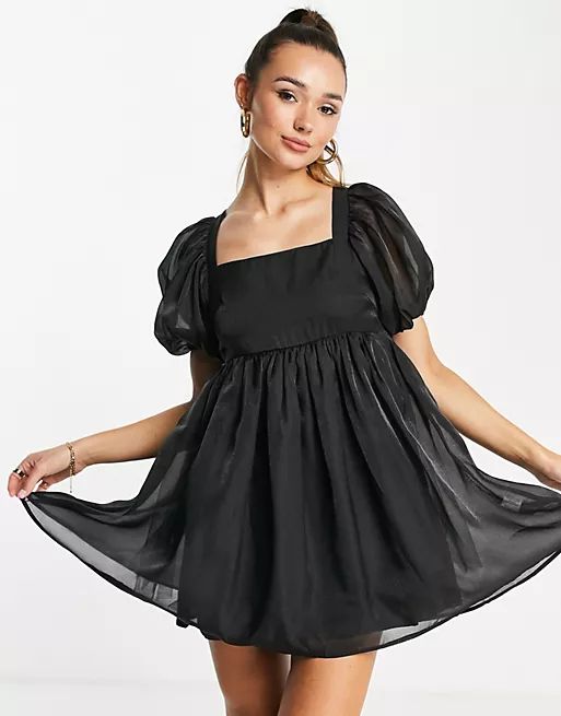 Amy Lynn mini smock dress with bow back and puff sleeves in black organza | ASOS (Global)