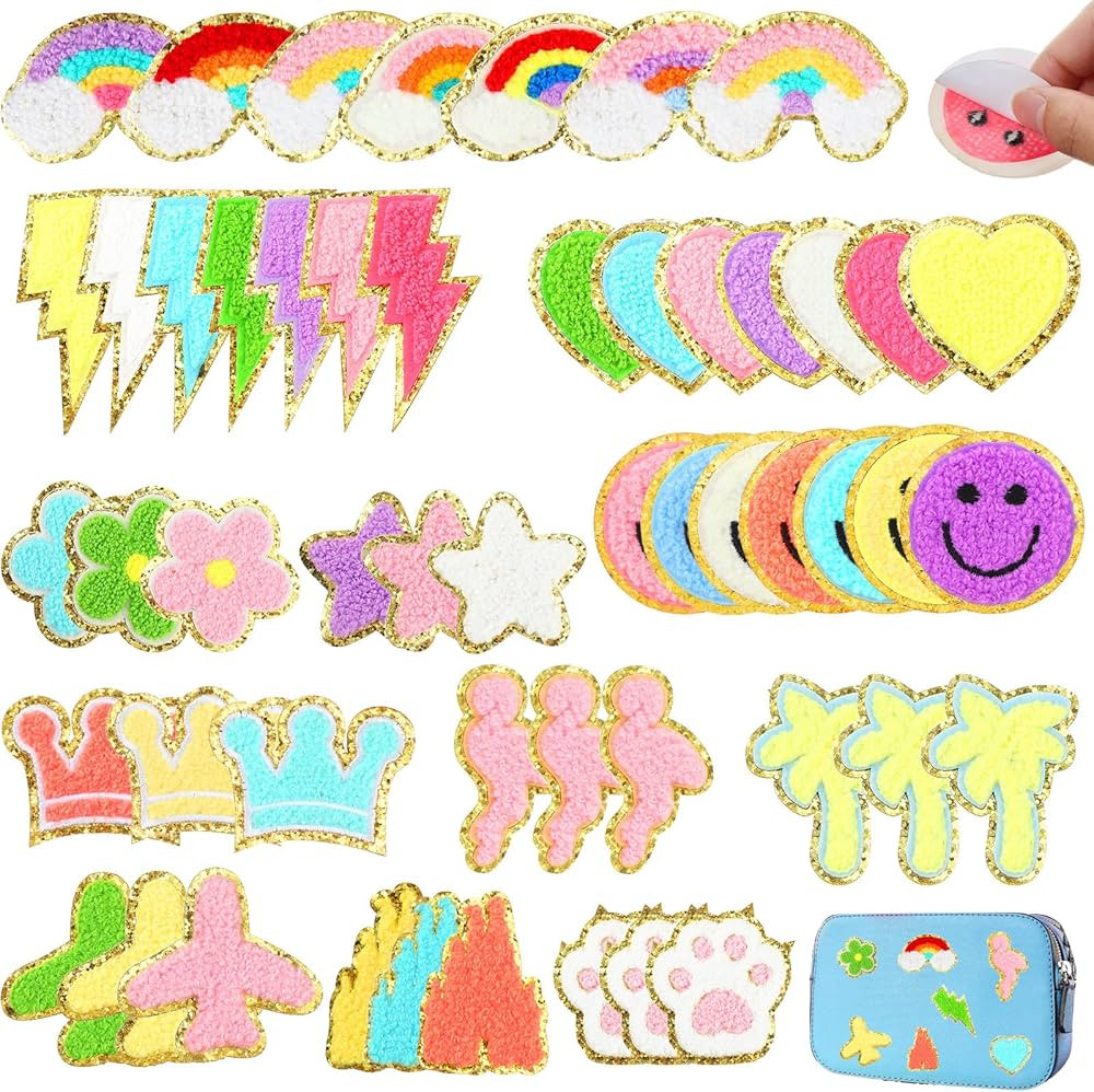 52 Pcs Self Adhesive Chenille Patches Colorful Cute Embroidered Patches Chenille Smile Face Heart... | Amazon (US)