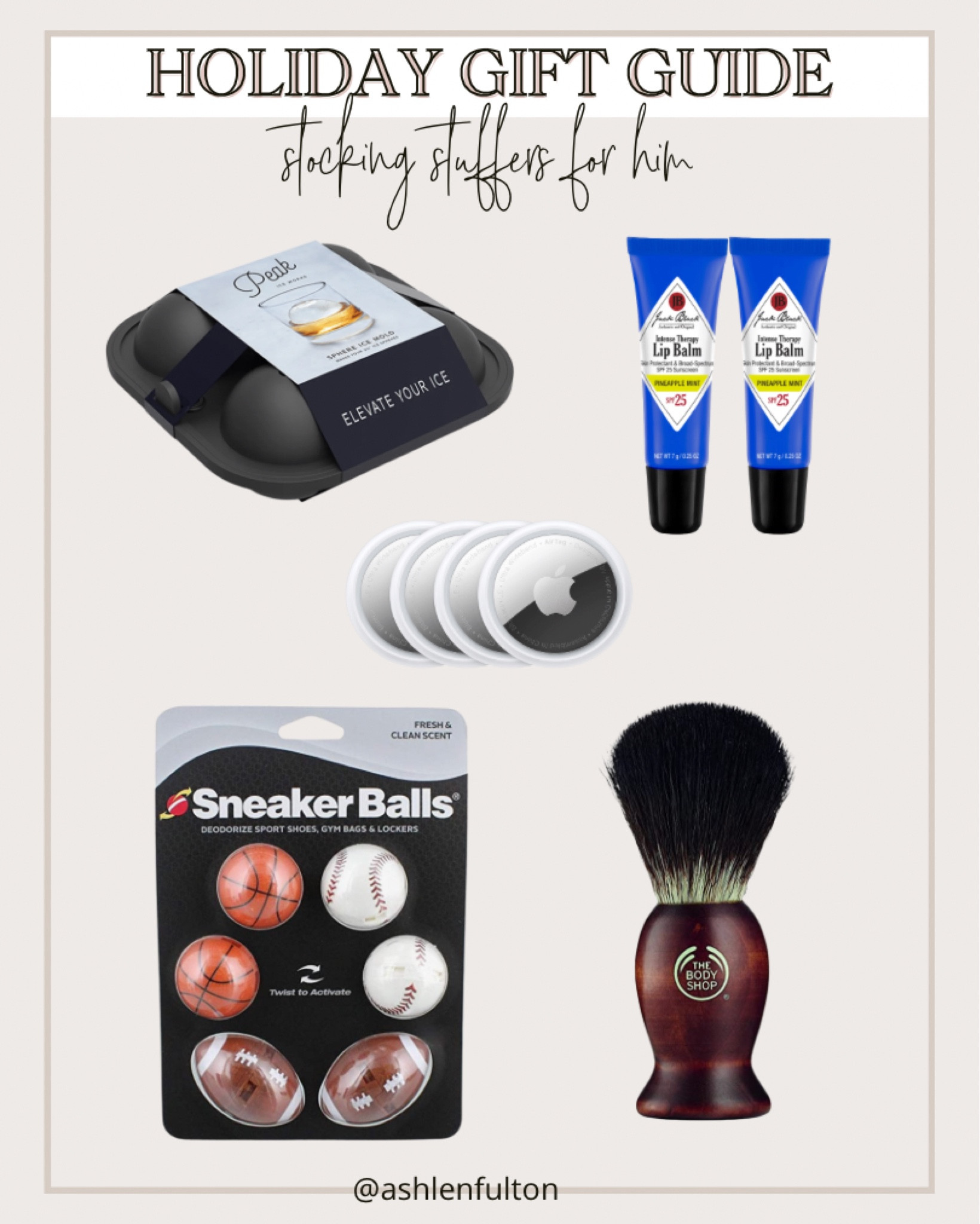 Holiday gift guide, stocking stuffers for him, gifts for men, beard brush, ice mold for freezer, lip balm for men, sneaker balls, air tags 

#LTKmens #LTKGiftGuide #LTKHoliday