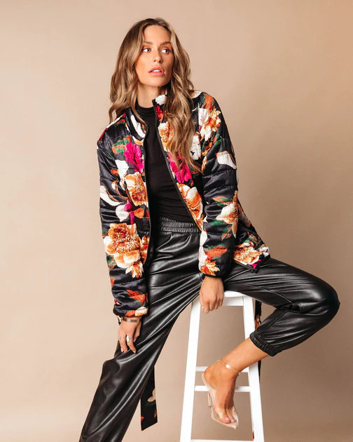 Stefani Floral Pocketed Quilted Jacket - Black | VICI