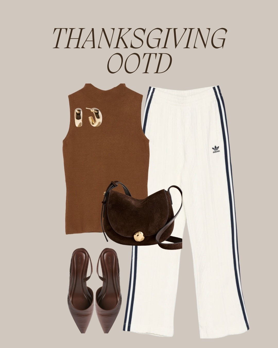 Thanksgiving OOTD #3: Sleeveless sweater, Adidas track pants, and gold chunky earrings. It's all about being cute, comfy, and ready for seconds! #ThanksgivingStyle #ComfyChic #nordstromrack #adidas #quince #madewell #nordstrom

#LTKmomlife #LTKHoliday #LTKootd