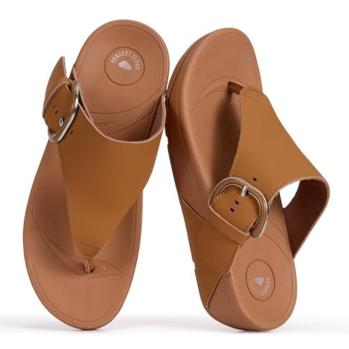 Project Cloud Genuine Leather Sandals for Women - Thong Sandals with Adjustable Buckle - Plush and Soft Insole Slippers - Non Slip Outsole Slides Summer Outfits 2026 (ARLEE BUCKLE-TANLEATHER,9M) | Amazon (US)