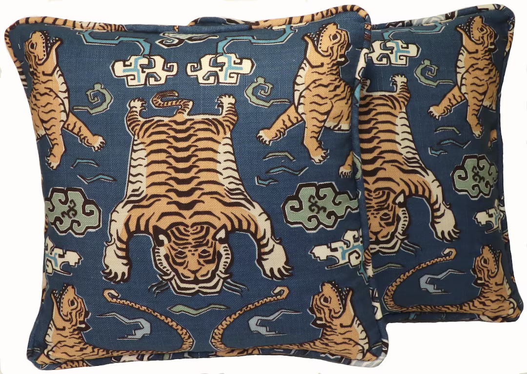 Set of 2 20" Tiger Throw Pillow Covers, Two Denim Blue Tiger Republic Himalayan Throw Pillow Cove... | Etsy (US)