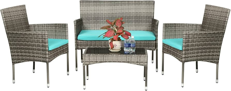 FDW Patio Conversation Set 4 Pieces Outdoor Furniture Set Wicker with Rattan Chair Loveseats Coff... | Amazon (US)