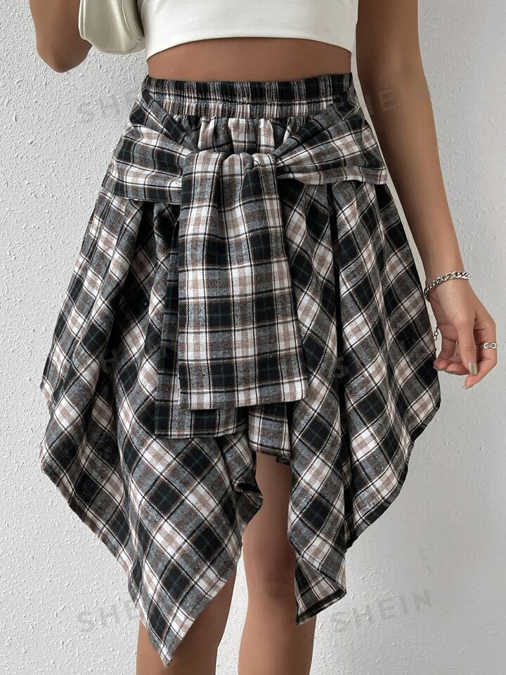 Plaid Print Knot Front Asymmetrical Hem Skirt | SHEIN