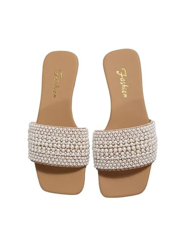 GORGLITTER Women's Pearl Sandals Rhinestone Beaded Dressy Fancy Open Toe Slip On Slides Sandal Brown Bead 9.5 | Amazon (US)