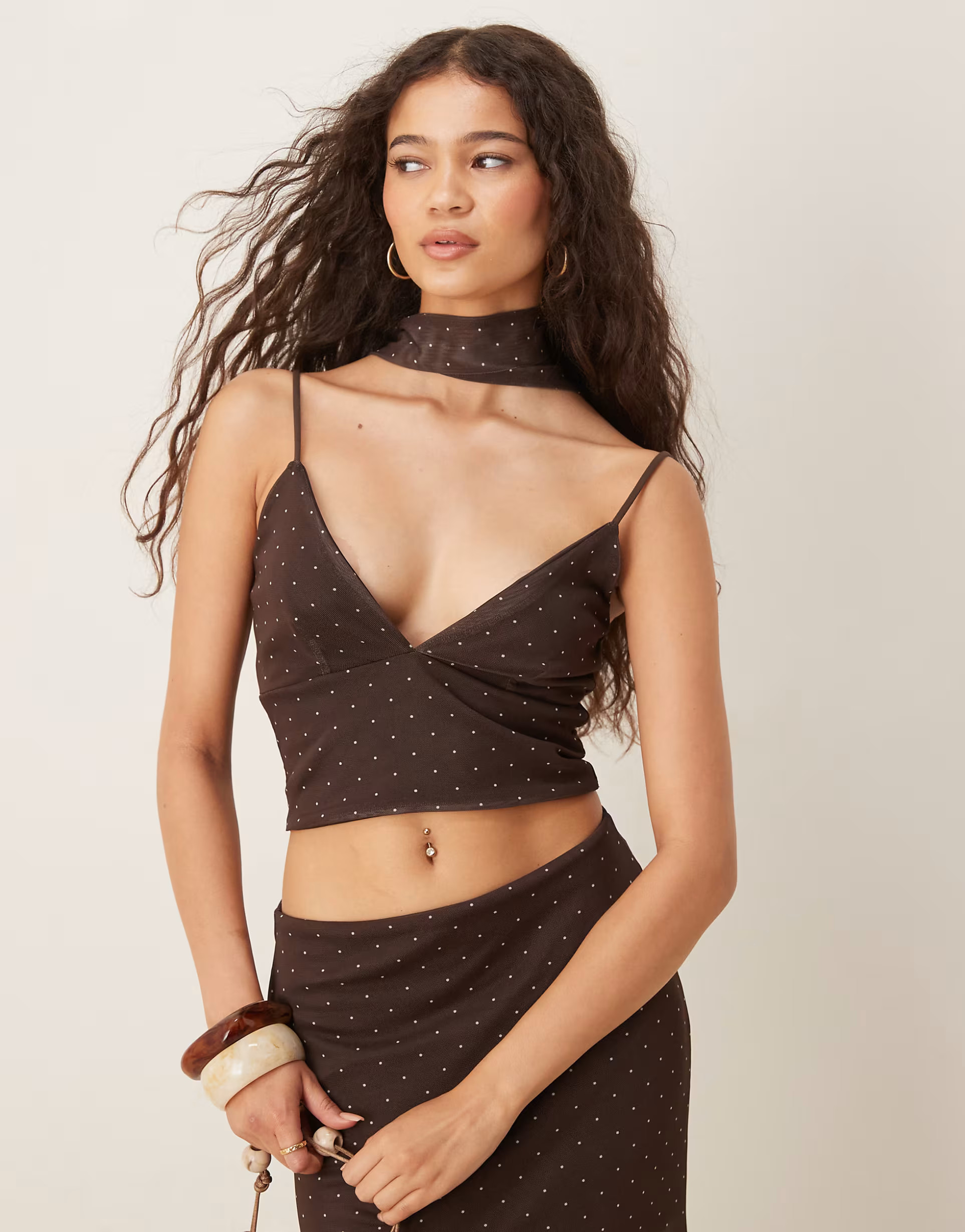 ASOS DESIGN - Caraco en tulle d'ensemble à pois avec foulard - Chocolat | ASOS (Global)