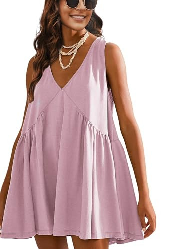 Athlisan Womens Summer Sleeveless Mini Dress Casual Loose V Neck Sundress with Pockets(Pink-L) | Amazon (US)