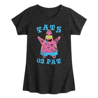 Girls' SpongeBob SquarePants Tats On Pat Fitted Short Sleeve Graphic T-Shirt - Heather Black - Medium | Target