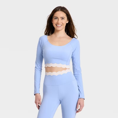 Women's Knit Scallop Cropped Support Long Sleeve Top - JoyLab™ Periwinkle Blue/Cream XL | Target