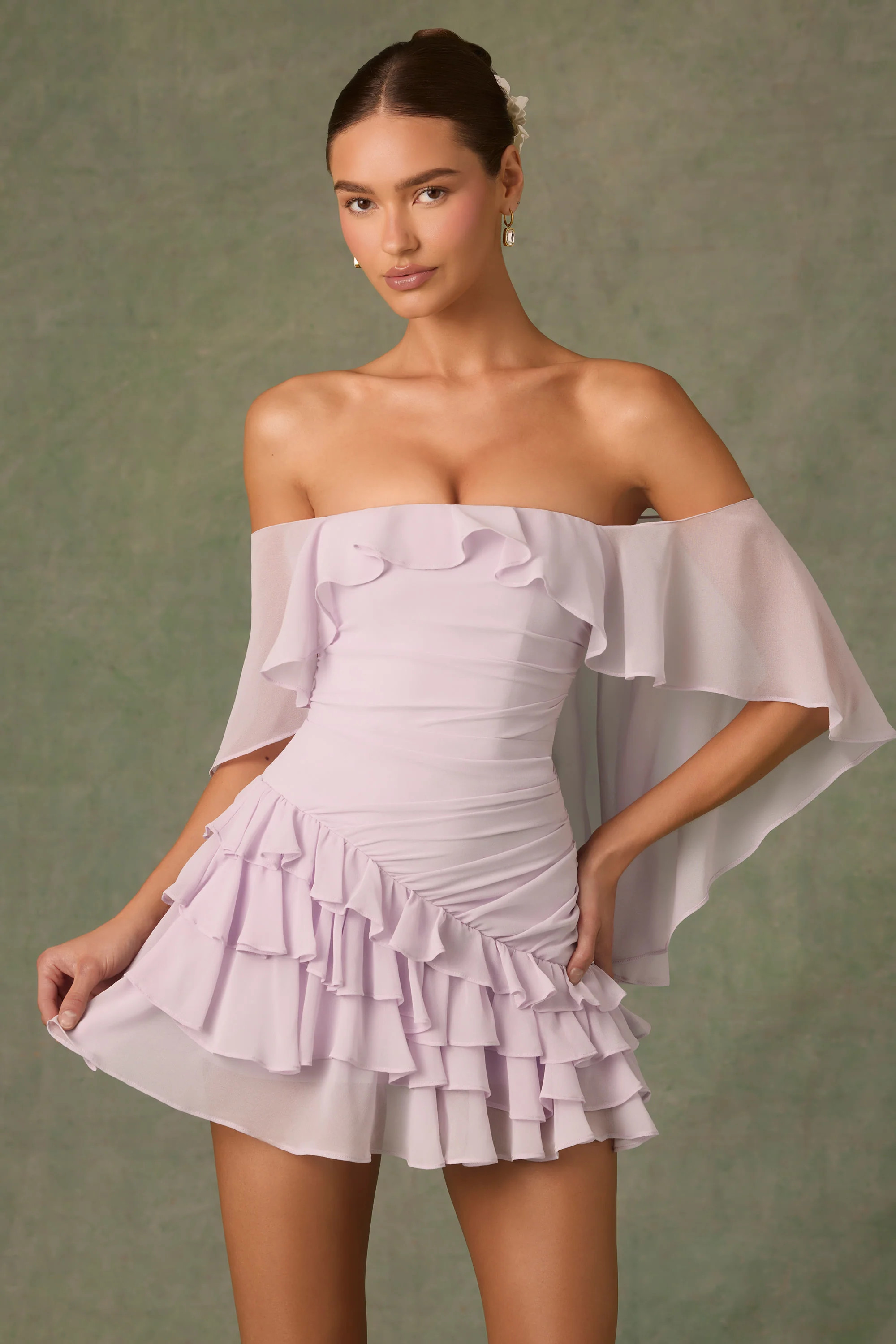 Off-Shoulder Ruffled Mini Dress in Lilac | Oh Polly