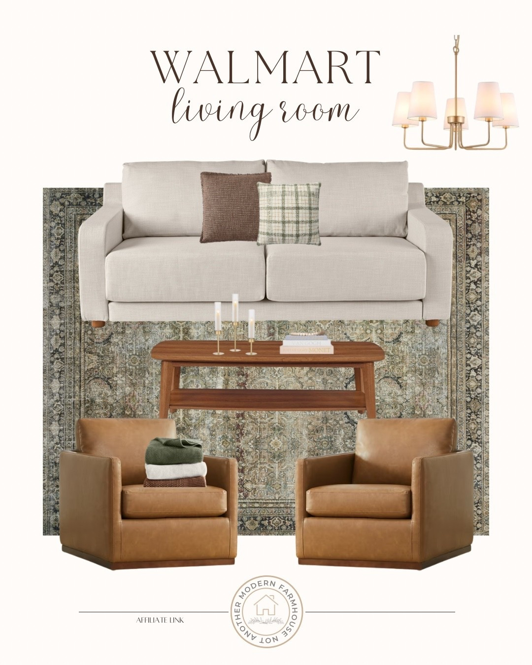 Living room inspo all from Walmart. 🛋️ Affordable modern organic home finds, furniture, sofa, leather accent chair, warm, cozy, earthy, pillows, coffee table, chandelier, styled room inspo, Walmart home.  

 #LTKHome #LTKFindsUnder100 #LTKStyleTip