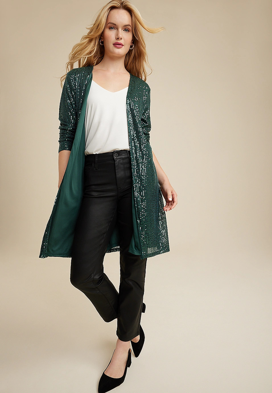 Green Sequin Duster Cardigan | Maurices