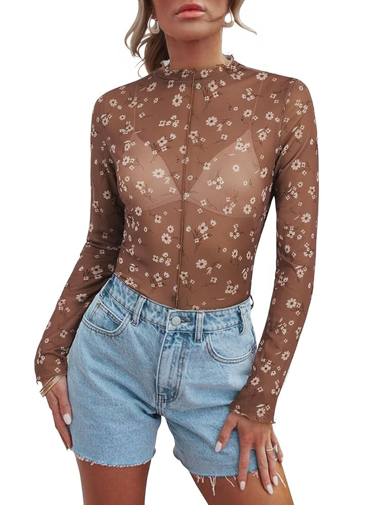 Mesh Long Sleeve Tops for Women Floral Lace Undershirt Sheer Top Mock Neck Fitted Blouse Sexy Goi... | Amazon (US)