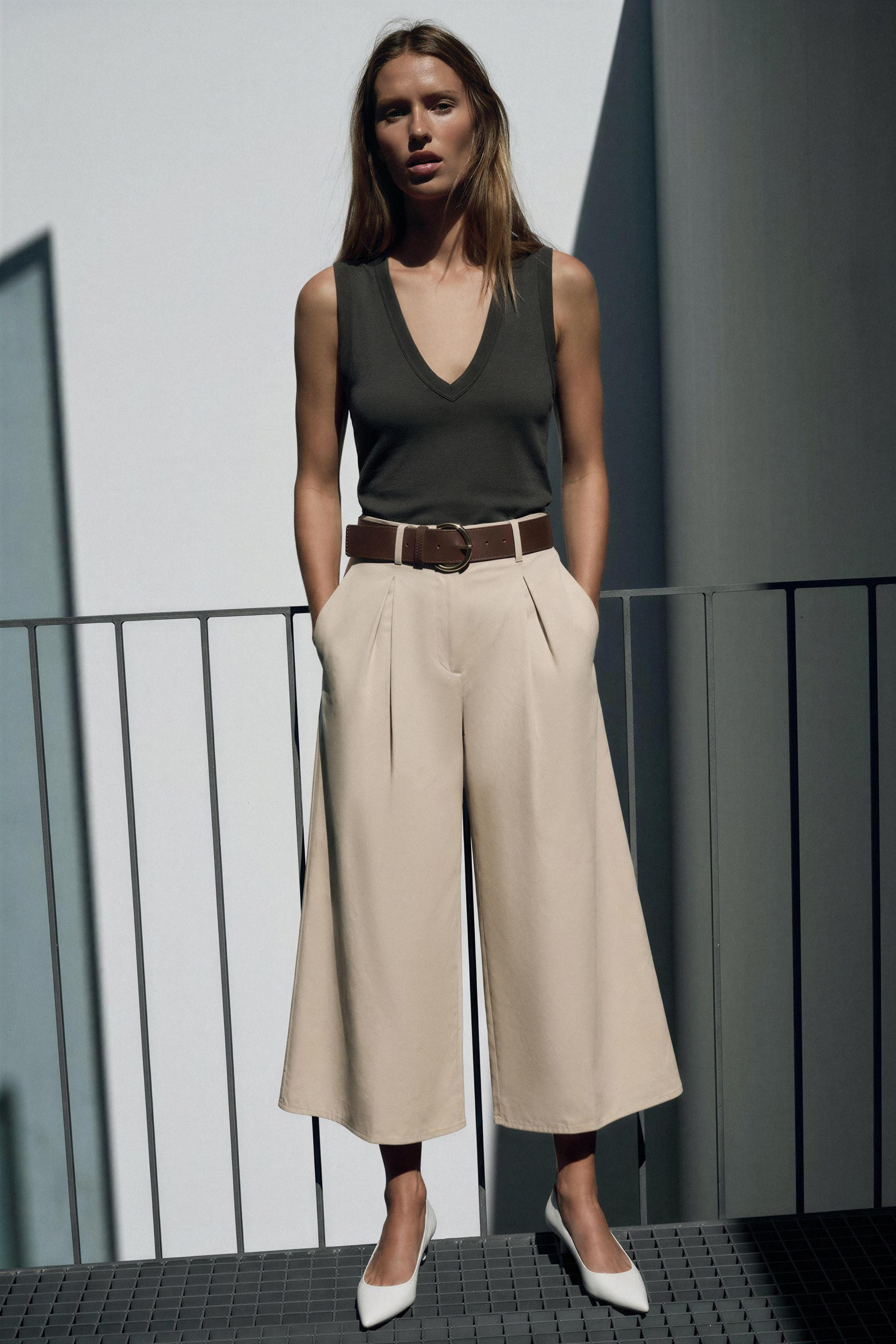 Zara - Belted Culotte Pants - Sand - Xs - Woman | Zara US