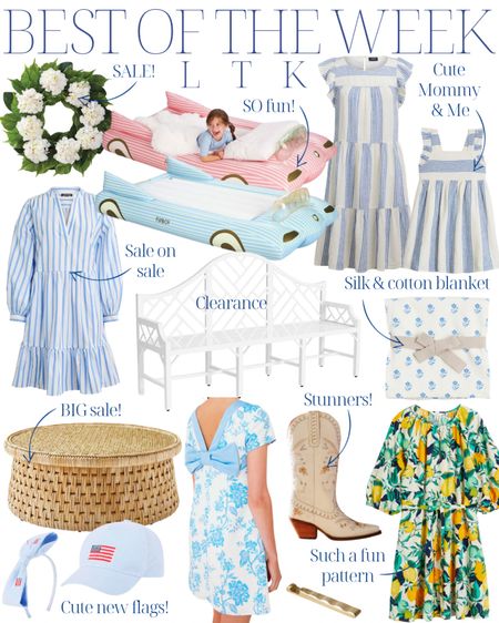 Best of the week! White hydrangea wreath, sleepover slumber party kids party blow up mattress sleeping bag, mommy and me blue and white striped linen dress, summer dress, white dress, blue dress, white chippendale garden bench, clearance, blue and white floral silk cotton baby blanket, casual lemon citrus linen cotton dress, white embroidered detailed cowboys boots, blue floral bow back dress, baby shower dress, bridal shower dress, round woven rattan coffee table, embroidered American flag hat, 4th of July, Americana,  headband, gold wavy scalloped bottle opener, preppy outfit, grandmillennial home, classic home, preppy style

#LTKsalealert #LTKunder100 #LTKhome