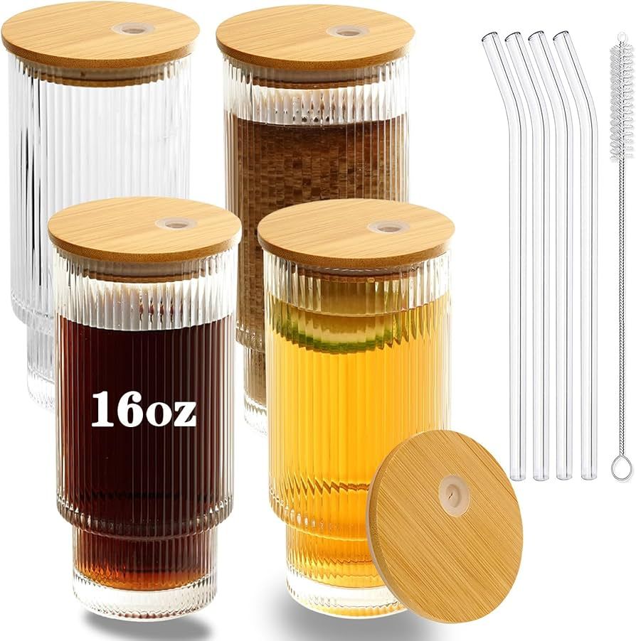 CAYOREPO 4 Pcs Set 16oz Ribbed Drinking Glasses with Bamboo Lids and Straws, Ribbed Glass Cups, S... | Amazon (US)