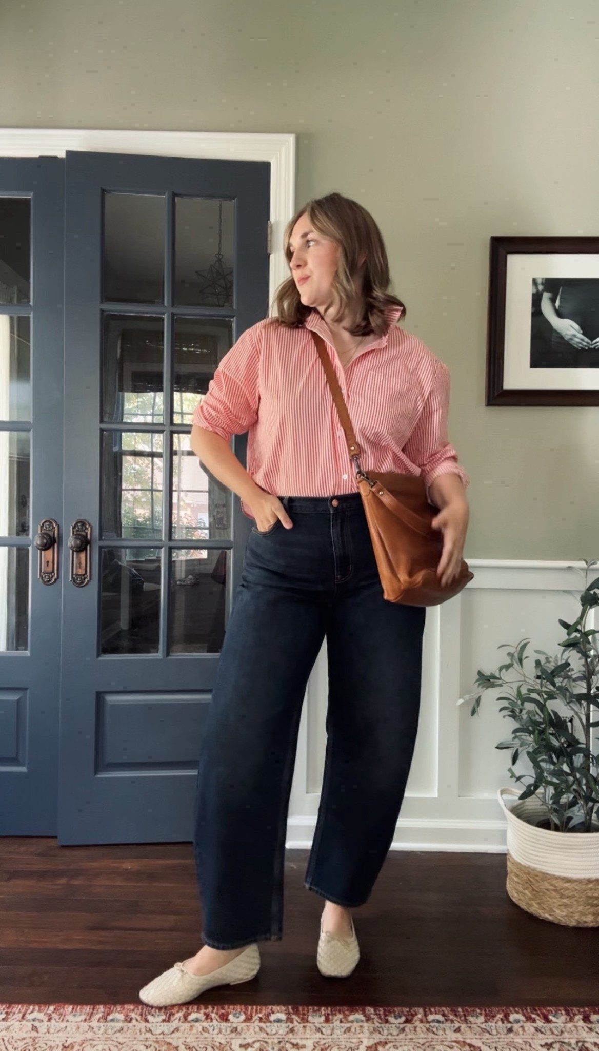 Classic Look One- 

Bag- Gretchen Crossbody in Cognac 
Shirt- Old Navy - tts
Jeans- Gap - up a size 
Ballet flats- Freda Salvador 8 and up up a size 

#LTKItBag #LTKFallSale #LTKSeasonal