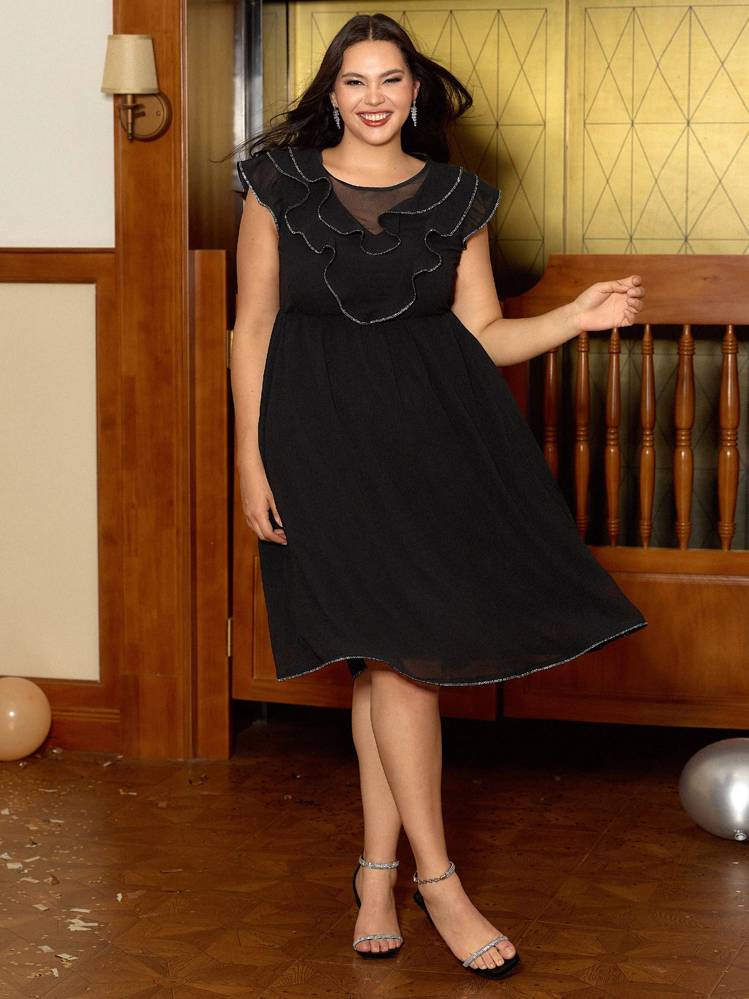 Sheer Rhinestone Chain Trim Ruffled Midi Dress | Bloomchic