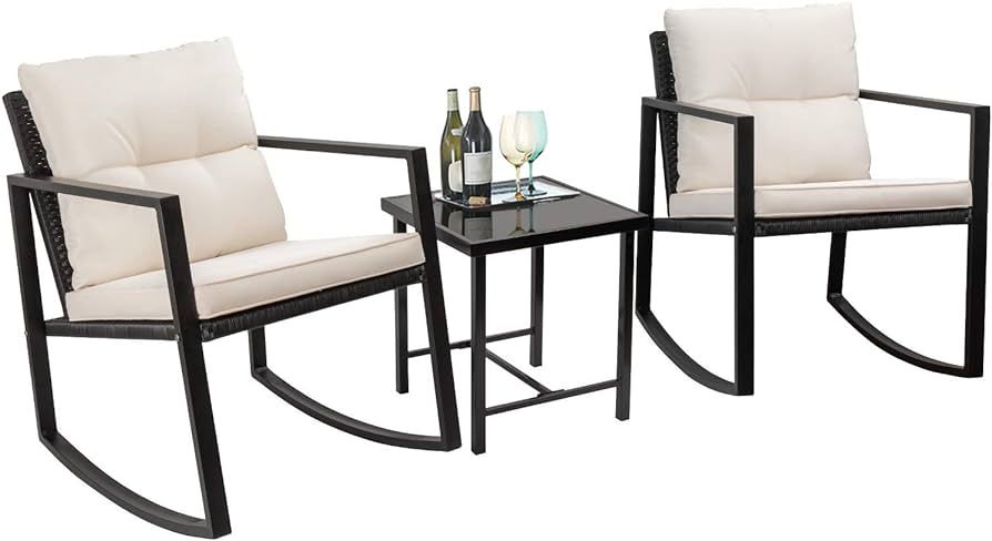 Flamaker Patio Chairs 3 Piece Wicker Rocking Chair Outdoor Bistro Sets with Coffee Table and Cush... | Amazon (US)
