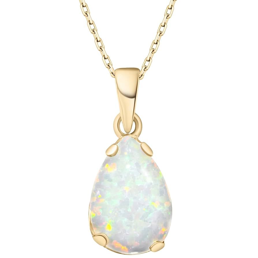 White Opal Necklace in 14k Yellow Gold Plated - Dainty Teardrop Pendant, 7x10mm October Birthston... | Amazon (US)