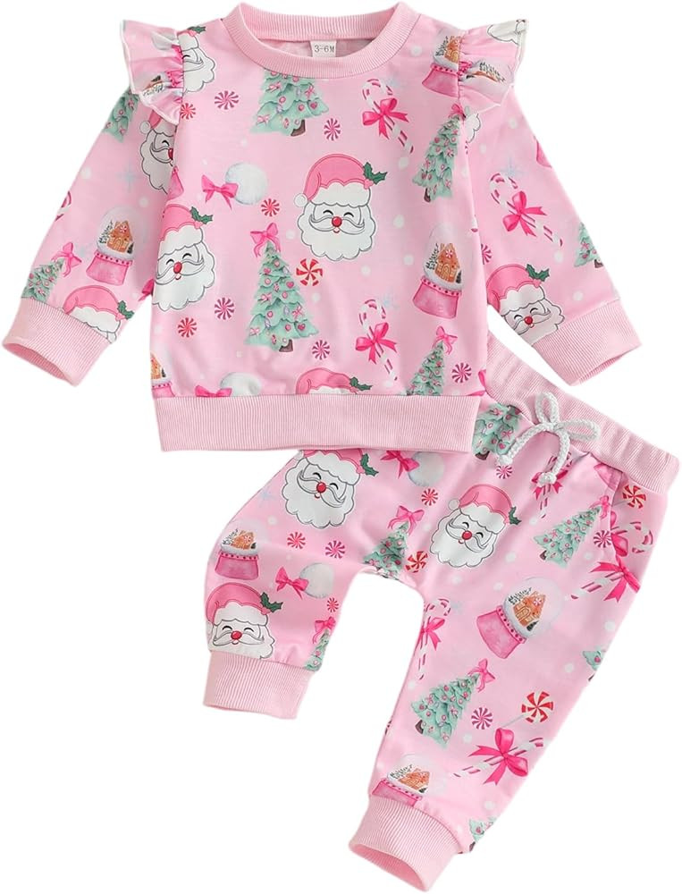 BemeyourBBs Fall Winter Toddler Baby Girl Clothes Cute Print Ruffle Shirt Top Pants Set 2 Piece N... | Amazon (US)